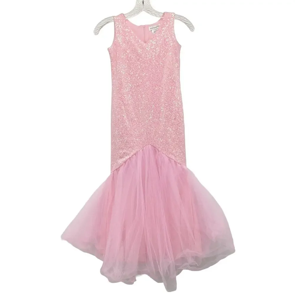 Wishcraft Girls Size 6 Pink Sequin Mermaid V-Neck Formal Gown